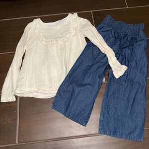 Max Studio Girl’s Cream Long Sleeve Peasant Top Stretch Dark Denim Wide Leg Jean